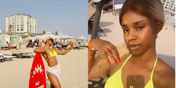 Priscilla Ojo sunbathes her skin in Lagos beach, stuns in 2 piece swimwear (Photos)